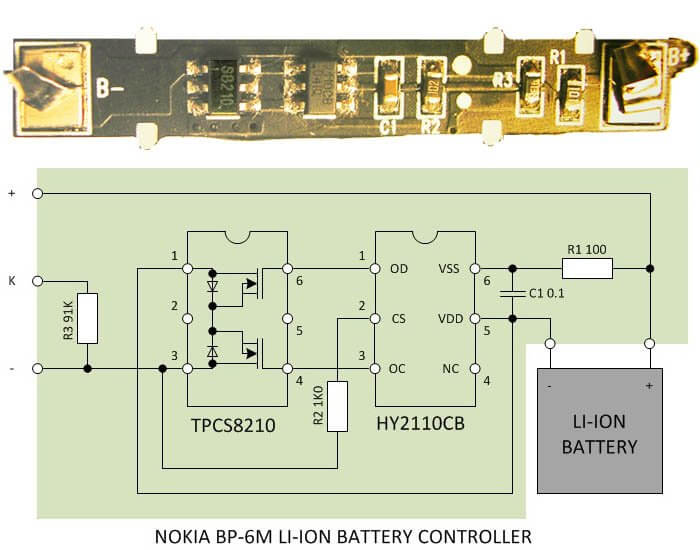Here is the controller card charge extracted from the battery NOKIA BL-6Q and its circuitry.