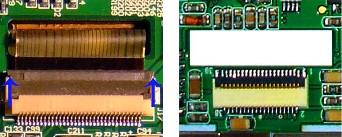 Разъем дисплея E-ink с одетым и снятым шлейфом